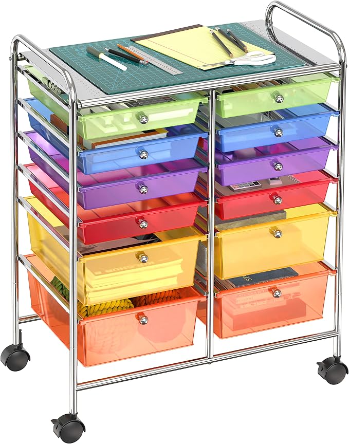 Simple Houseware 12 Drawers Rolling Utility Cart Organizer, Multicolor | 2-Column, 32" Height, Lockable Wheels, for School, Office, Art Craft, and Paper Storage