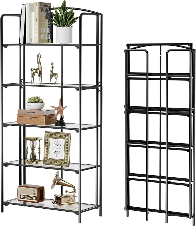 Crofy 5-Tier Wider Foldable Bookshelf, Black Frame & Transparent Shelves | Collapsible Portable Storage Organizer; Sturdy Transparent Shelves; Ideal for Living Room & Home Office