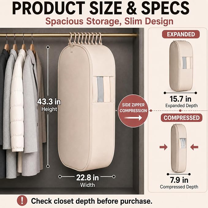 Space Saving Hanging Garment Bag, Compression Zipper for Coats & Jackets | Hanging storage keeps clothes visible and easy to find; holds 12-15 coats or 20-25 light garments; no pump needed.