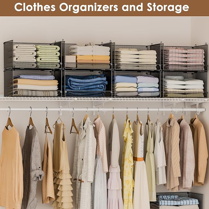 Tiaoheka 4-Tier Stackable Closet Organizers and Storage, Metal Wire Storage Shelves for Closet,Mesh Closet Shelves and Storage Bins for Clothes, Sweaters and Handbags