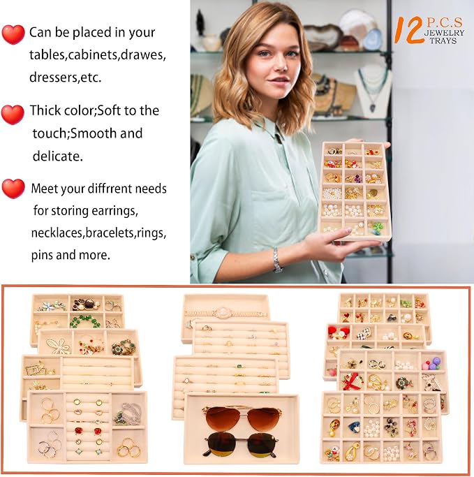 12PCS Stackable Jewelry Drawer Organizer Inserts Jewellry Trays Velvet Earring Jewelryy Dispaly Case for Earring Holder Necklace Bracelet Ring Watch