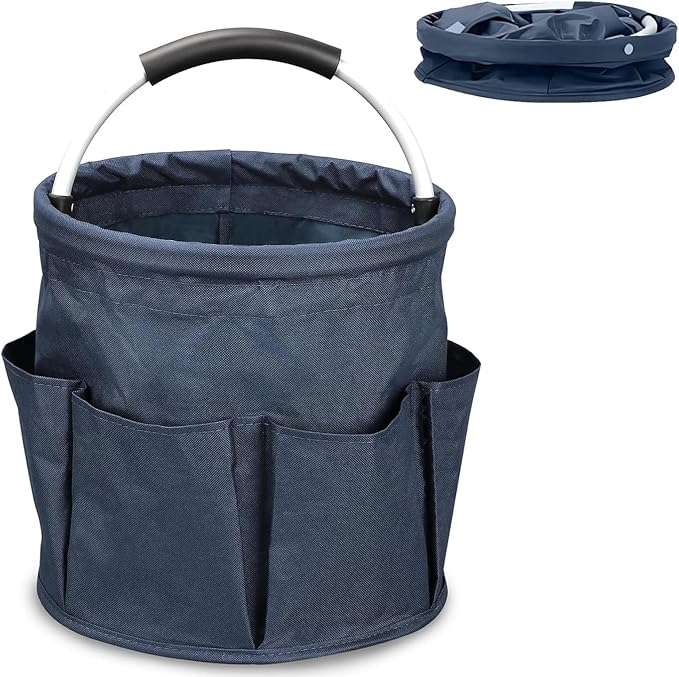17L Foldable Cleaning Caddy with Handle, Cleaning Supplies Organizer Storage Basket with 6 Side Pockets, Portable Multi Cleaning Bucket Bag for Home Garden Bathroom Camping (Navy Blue)