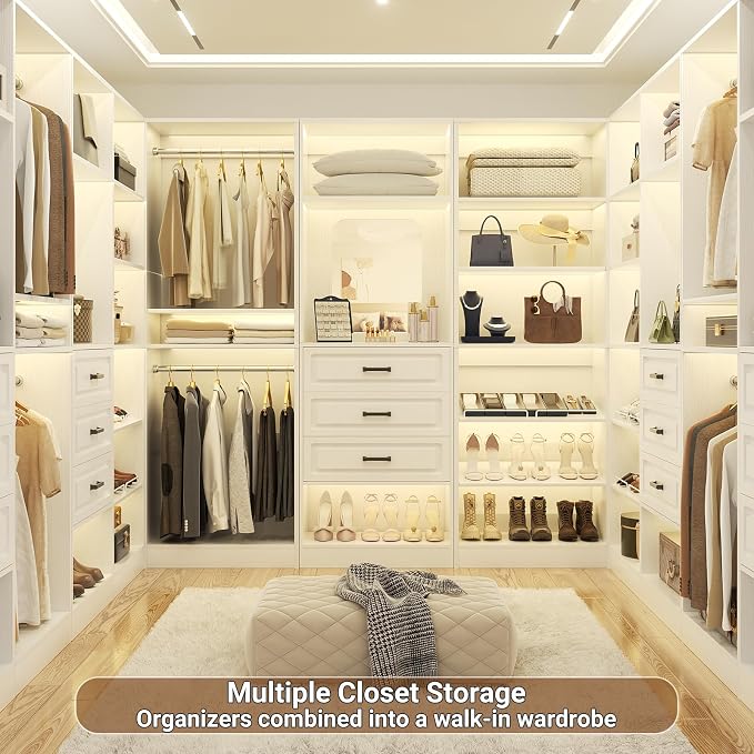 Unikito 25”Freestanding Closet System with 3 Drawers, Closets Organizer Wardrobe with Storage Shelves and Mirror, Sturdy Wood Walk-in Closet Systems for Small Closets, 25" W x 16" D x 80" H, White