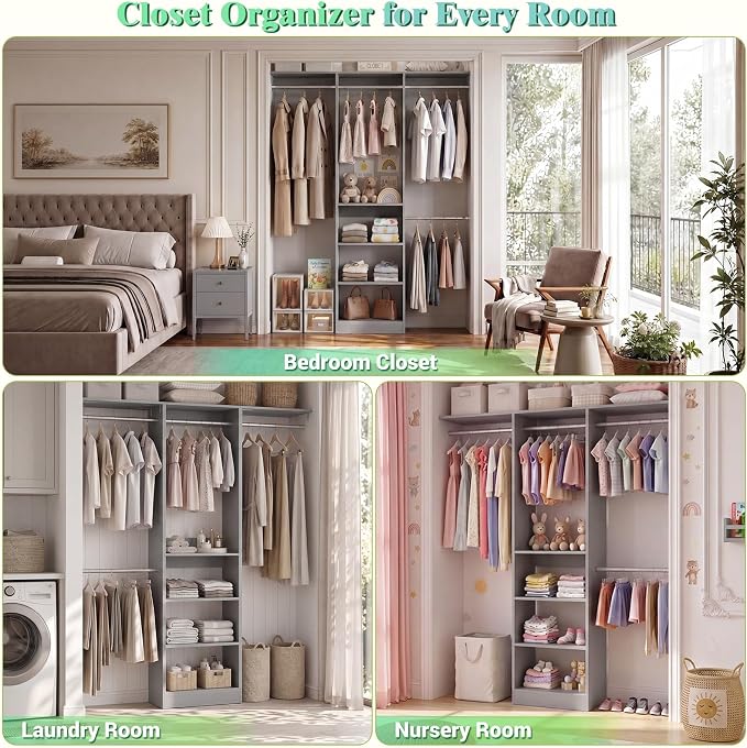 Besiost 48" Closet Organizer System, 4FT Closet System for Small Closets with 4 Hanging Rods & 3 Shelves, 80"H Small Closet Organizers and Storage for Bedrooms, Cloakrooms, Gray