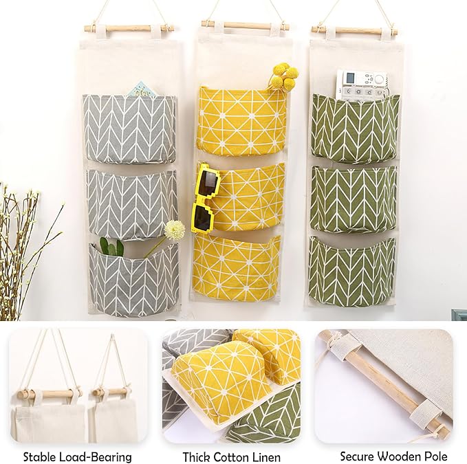COVRA 3-Pack Wall Hanging Storage Bags – Over-the-Door Organizers with 3 Large Pockets (6.3" × 5.1"), Hanging Closet & Pantry Organizer for Bedroom, Bathroom, Dorm, and More (Green)