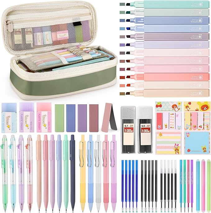DazSpirit 62PCS Aesthetic Stationery Set with Pencil Case, No Bleed Highlighters, Gel & Erasable Pens, Mechanical Pencils, Refills, Cute College School Supplies for Note Taking, Journaling