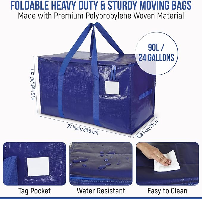 YAN & HIN 12 Pack Heavy Duty Moving Bags, Extra Large Storage Totes with Strong Zippers & Reinforced Handles, 65lbs Load, Foldable Moving Bags for Clothes, Blankets, Dorm, Travel & Storage