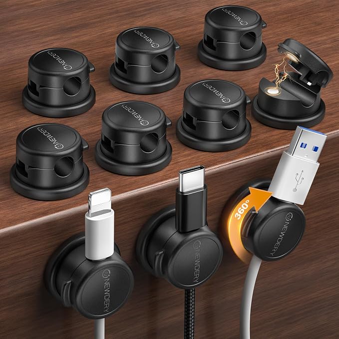 NEWDERY 360° Swivel Magnetic Cable Organizer - 10 Pack Rotatable Cable Clips for Office Desk Accessories - Magnetic Cord Holder for Nightstand Organization, Charger Holder for Car & Gaming Setup-Black