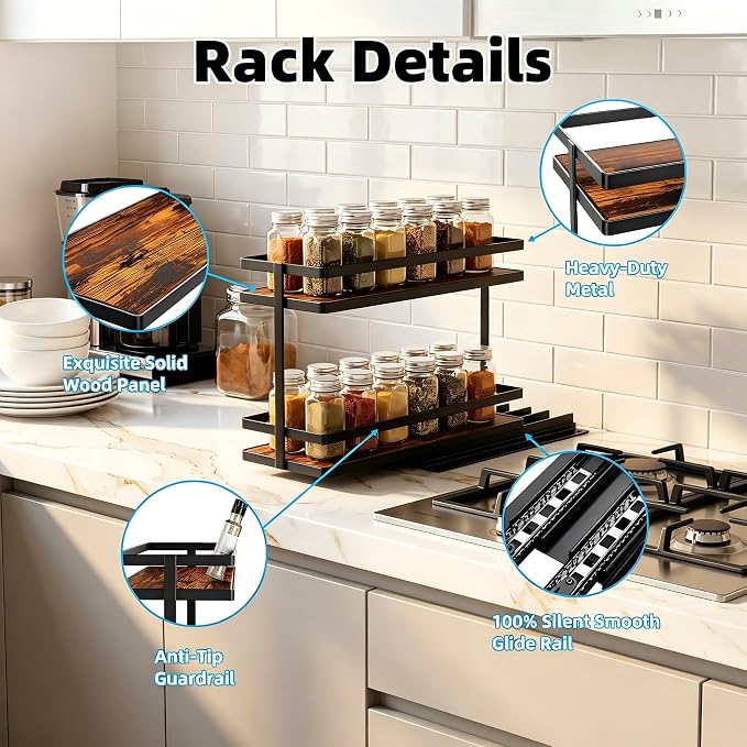Pull Out Spice Rack 4Pcs Metal & Wood Seasoning Organizer Black | No-Drill Install | Full-Extension Silent Glide | Each Tier Holds 10–12 Standard Spice Bottles | Rustproof, Wipe-Clean Surface