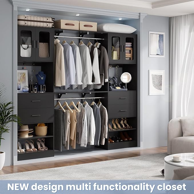 5FT Closet System with Doors and Wooden Drawers, 60'' Reversible Closet Organizer System with Big Wing Shelf and Hanging Rod, 80'' Tall Walk in Wardrobe Closet System with Shelves & Hooks, Black