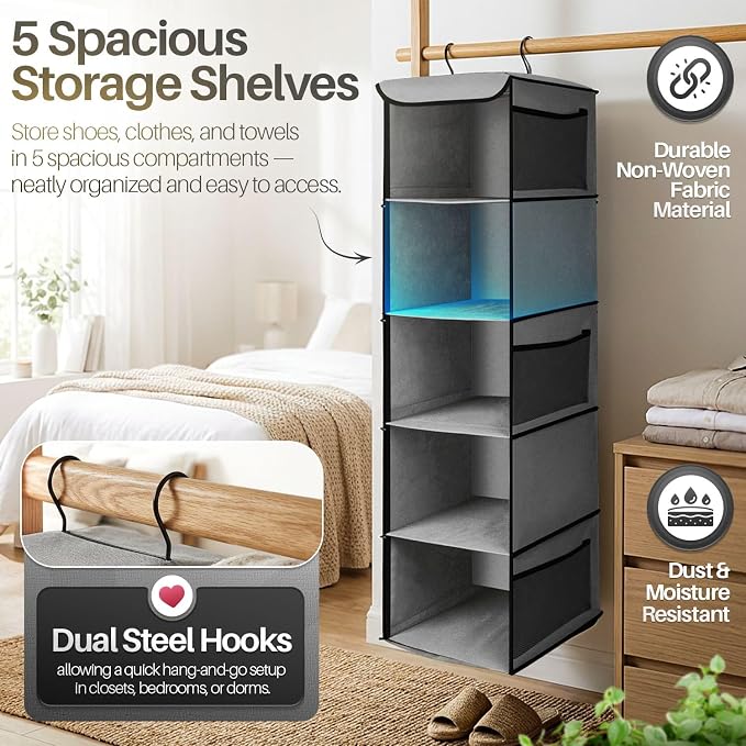 Flexzion 5-Shelf Fabric Hanging Closet Organizer, 11.9-Inch Wide, Brown | Shelves for Dorms with 6 Side Mesh Pockets and 2 Metal Hooks; Open Storage for Clothes, Towels, and Accessories