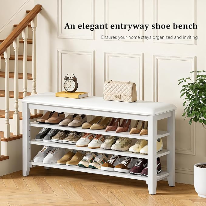 Taitiy Shoe Rack Bench Entryway Storage, Shoe Organizer Bench for Entryway, Ideal for Front Doors Entrances Hallway Mudroom Featuring Rubberwood and 3 Height-Adjustable Removable Shelve