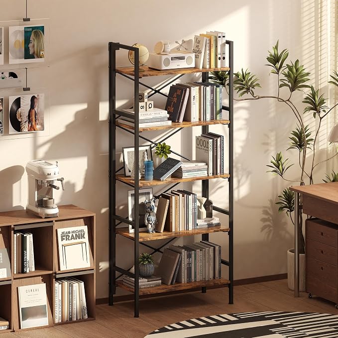 Homeiju Folding Bookshelf,5 Tier Bookcase Foldable Shelf with X-Bracket Design, Adjustable Feet, Space Saving Storage for Living Room, Office, Rustic Brown