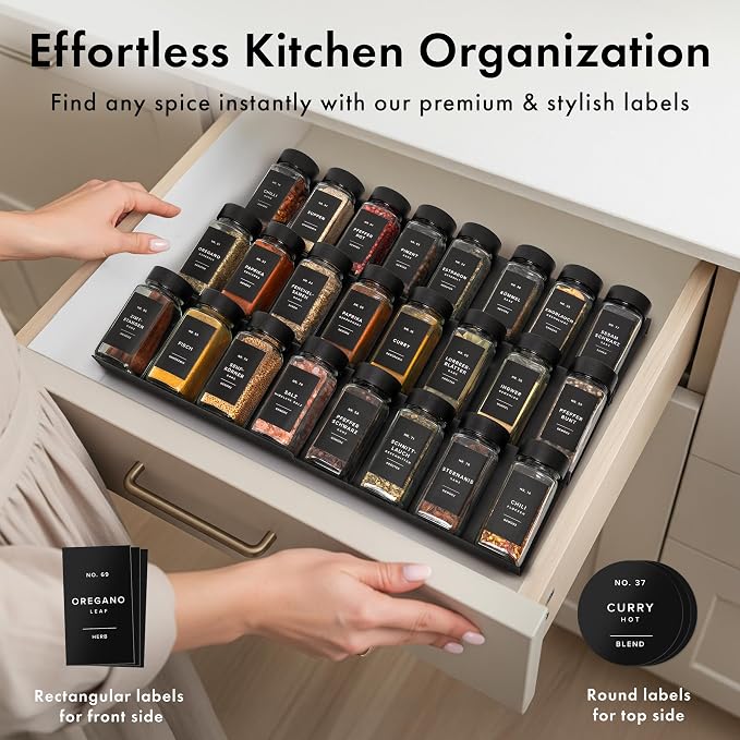 EDELHAUS Glass Spice Jars with Label, 24x Black Bamboo Wooden Lids | Airtight Lids keep spices fresh, Kitchen Spice Drawer Organizer, 4oz Seasoning Containers incl. Funnel, Brush & 240 Labels