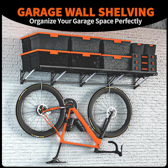 Heavy Duty Foldable Garage Storage Shelves Wall Mounted Metal Rack Unit Organizer with Removable Edge Barriers, Adjustable System for Corner Wall Use, 69.96 Inch Long 24.45 Inch Large