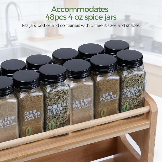 3 Tier Bamboo Spice Rack, Spices Storage Shelf with Handles, Seasoning Jars Organizer for Kitchen Counter or Wall Mounting