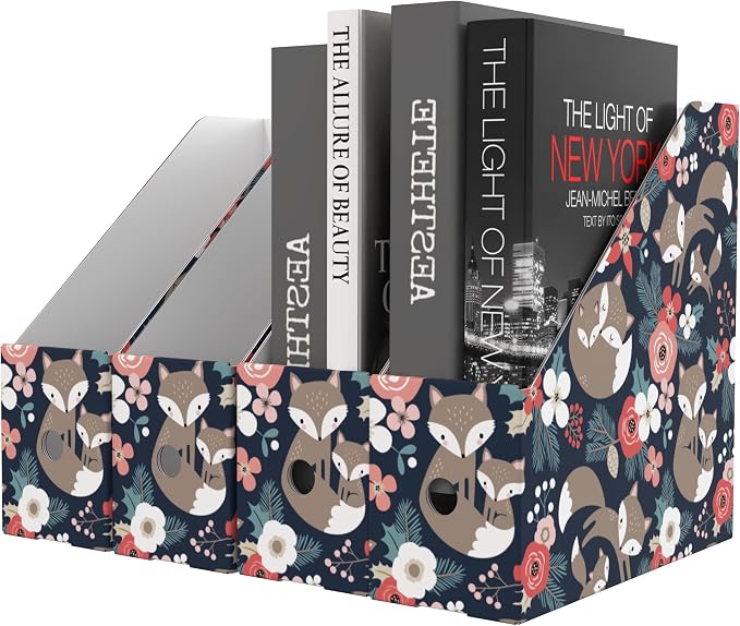 ANSSDO 6 Pack Cardboard Magazine Holder File Organizer - Black Floral | 12 Pieces Lable Included; Easy Assemble and Label; Large Volume Recycable Storage Box for Letter-sized Documents or Textbooks