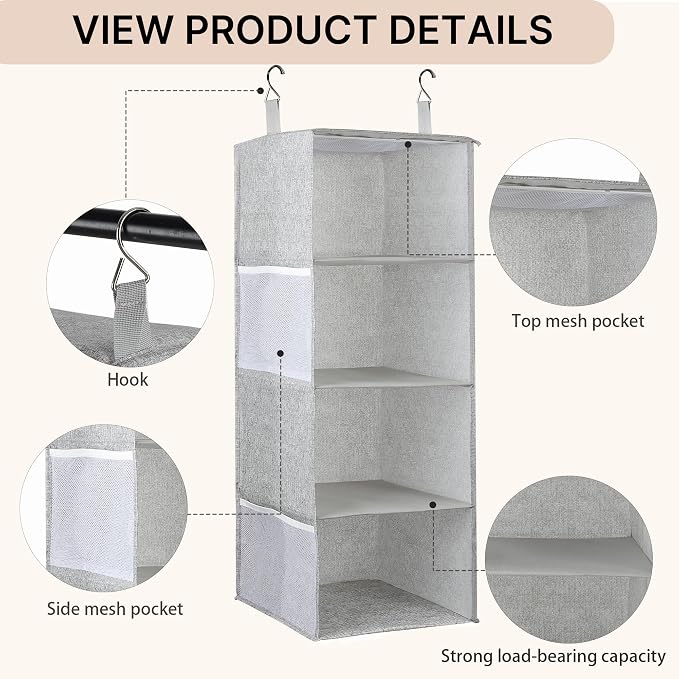 Hanging Closet Organizer with Hook, Collapsible 4-Shelf Closet Organizers, Hanging Shelves for Clothes Shoes Towels Sweater 32 * 12 * 12 Inches