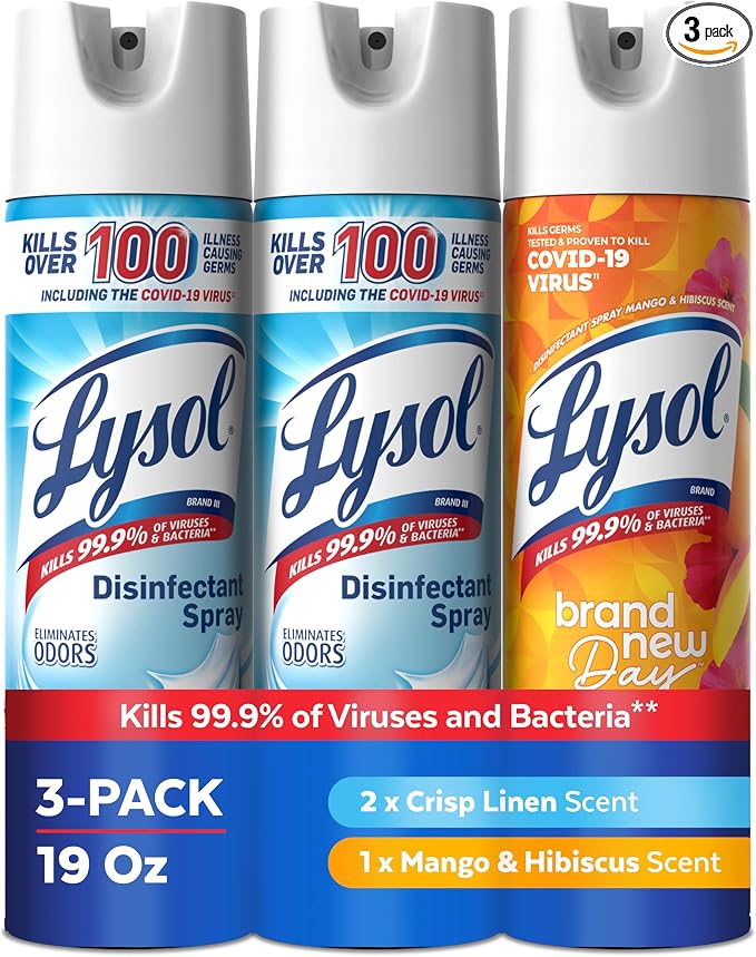 Lysol Disinfectant Spray, Household Cleaning Supplies, Disinfecting Multi-Purpose Room Spray, Antibacterial Sanitizer, Deodorizer, Kills Hantavirus, Crisp Linen + Mango & Hibiscus, 19 Fl Oz, 3-Pack