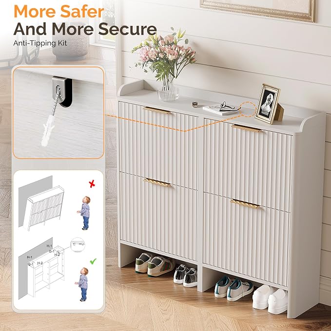 VINGLI 43.5" Large White Shoe Cabinet with 4 Flip Drawers, Slim Fluted Shoe Storage Cabinet with Unique Arched Side Panels, Modern Entryway Organizer with Gold Handles, Wide Shoe Rack for Hallway