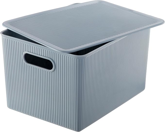 Decorative Plastic Basket Lidded Home Storage Bins Organizer Baskets, X-Large Blue (1 Pack - 22 Liter) Stackable Container Box, for Organizing Closet Storage Bins for Shelves - Ribbed Collection