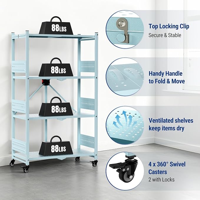 WORKPRO 4-Tier Folding Shelf, No-Assembly Metal Storage Rack with Wheels, 600 lbs Capacity (with Leveling Feet), Collapsible Shelving Unit for Kitchen, Pantry, Closet & Craft Shows - Blue