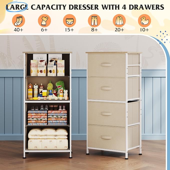 WLIVE Dresser with 4 Drawers, Storage Tower, Organizer Unit, Fabric Dresser for Bedroom, Hallway, Entryway, Closets, Sturdy Steel Frame, Wood Top, Easy Pull Handle, Cream White