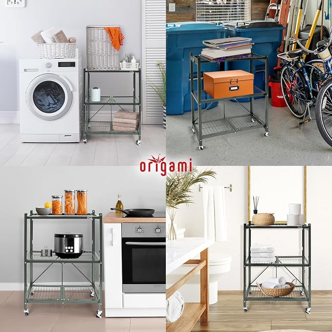 Origami 4-Pack R3 Storage Rack, 3-Tier Heavy-Duty Foldable Steel Shelf with Wheels, Pewter