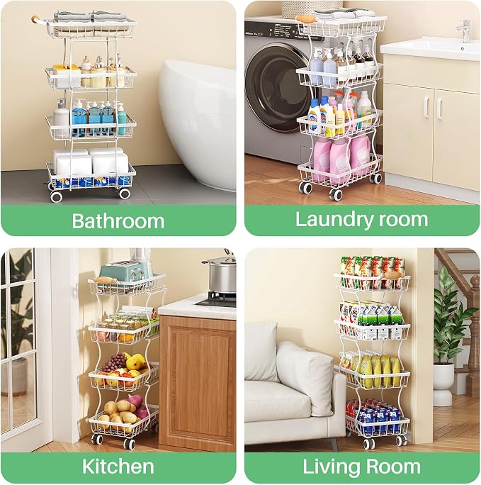 SAYZH Fruit Basket Kitchen Pantry Organizers and Storage - 4 Tier Stackable Metal Wire Basket Stand for Fruit Vegetable Snacks Jars Bins Containers Organization, (White, 4 Tiers)