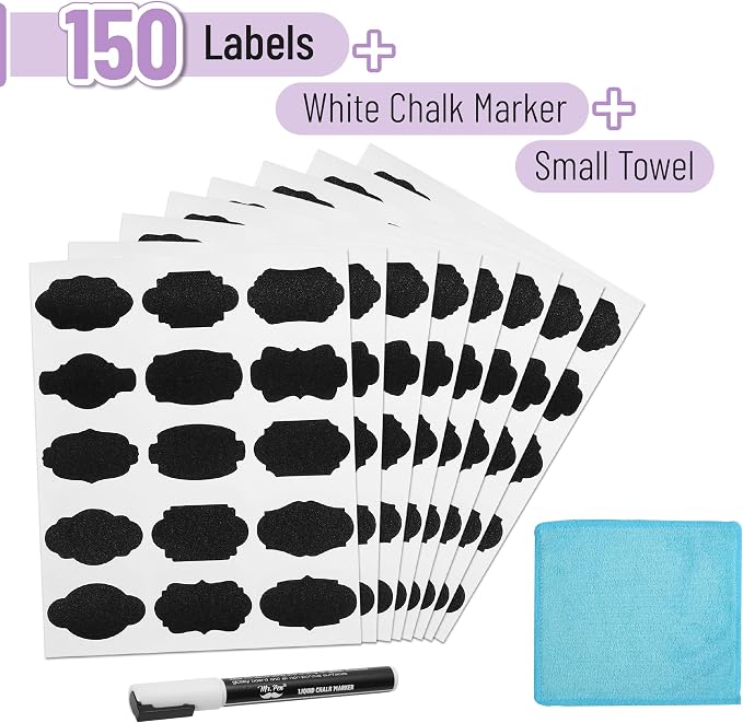 Mr. Pen- Chalkboard Labels, 150 pcs, Assorted Shapes | Waterproof Reusable Blackboard Stickers with 1 Erasable Liquid Chalk Marker for Mason Jars