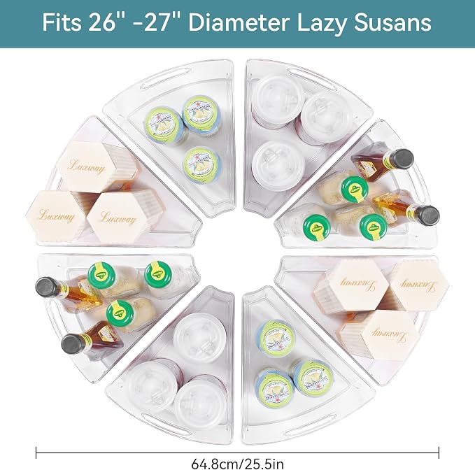 Oubonun Lazy Susan Organizers Set of 8, 10.2”x 9.4”x 4” Plastic Transparent Kitchen Cabinet Storage Bins with Handle, 4" Deep Container, 1/8 Wedge - Food Safe, without BPA