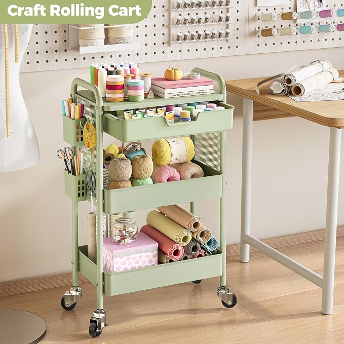 Rolling cart with Drawers - 3 Tier Metal Multifunctional Storage Organizors on Wheels with Tabletop, Hooks & Basket, Sturdy Craft & Art Cart for Bathroom, Bedroom, Children Room, Green