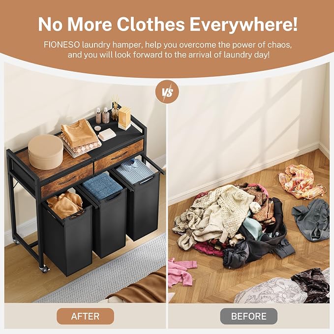 Laundry Sorter 3 Section, 120 L Laundry Hamper with 2 Drawers & 2-tone Top Panel, Rolling Laundry Basket Organizer with Pull-Out Removable Oxford Fabric Bags for Laundry Room Organization