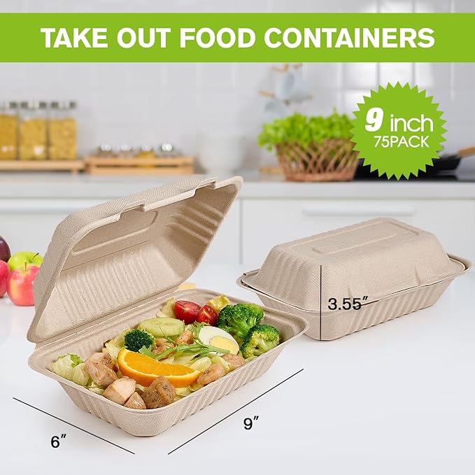 ECOLipak 75 Pack Compostable Clamshell Take Out Food Containers, 9x6 inch | Heavy-Duty Disposable To Go Boxes, Eco-Friendly Biodegradable To Go Containers For Food, Perfect for Next Day Lunch, Party