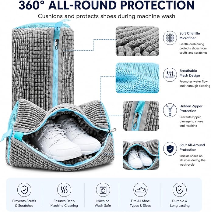 GEWON Shoe Washing Machine Bag for Wash & Dry, 4-in-1 Kit 2 Chenille Sneaker Laundry Bags + 2 Dust Bags, Self-Locking Zipper