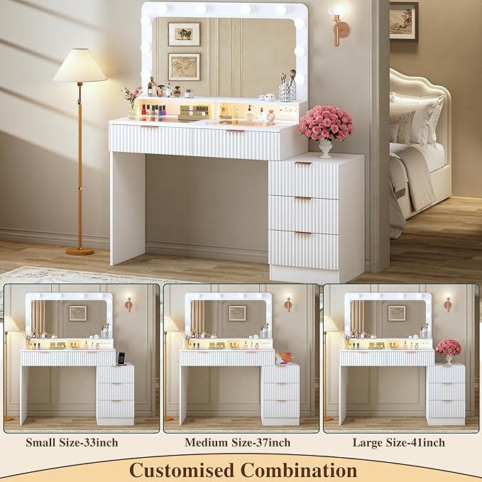 HUAHUU Fluted Vanity Desk with Mirror and Lights, Makeup Vanity Desk with Glass Top, Nightstand & Fluted Panel Design, 5 Drawers, 3 Colors Lighting Adjustable Brightness, Power Outlet, White