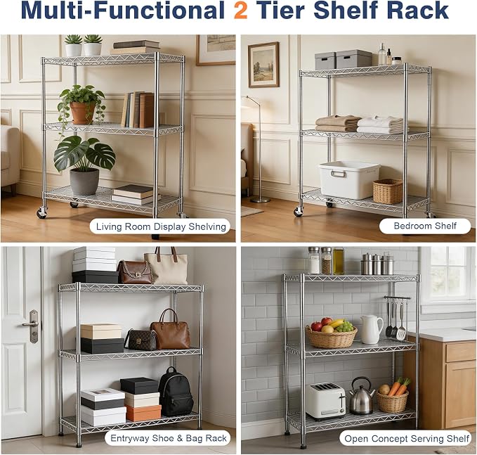 Adjustable 3-Tier Metal Wire Shelves on Wheels,35.4x17.7 x36.5(WxDxH), Heavy Duty Standing Storage Rack with Lockable Wheels, Wire Shelving Unit for Garage, Kitchen, Office, Pantry,Laundry