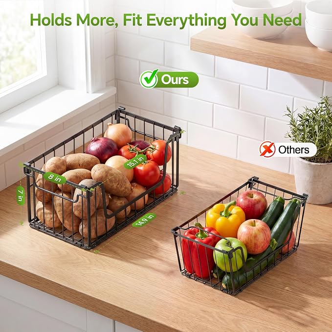 MSERCUOR 4 Pack Foldable Wire Basket for Pantry Organizers and Storage, Stackable Vegetable Fruit Basket for Kitchen Counter, Black Potato and Onion Storage Bin