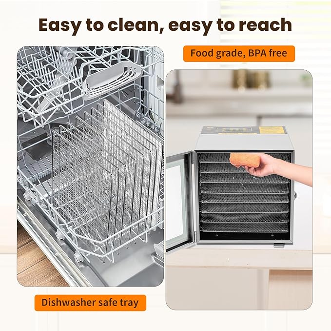 FAHKNS Food Dehydrator Machine, 8 Stainless Steel Trays, 700W Dehydrated Dryer, 190ºF Temperature Control, 24-Hour Timer, Dryer for dried meats, herbs, meats, beef, fruits and vegetables