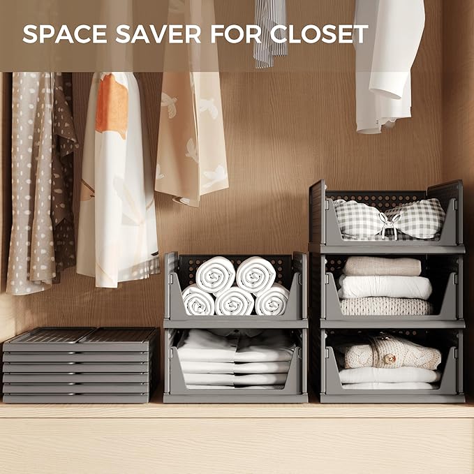 PinkPum 6 Pack Closet Organizers and Storage Plastic Stackable Storage Bins, Foldable Drawer Shelf Storage Container for Wardrobe Kitchen Bathroom Dorm Black