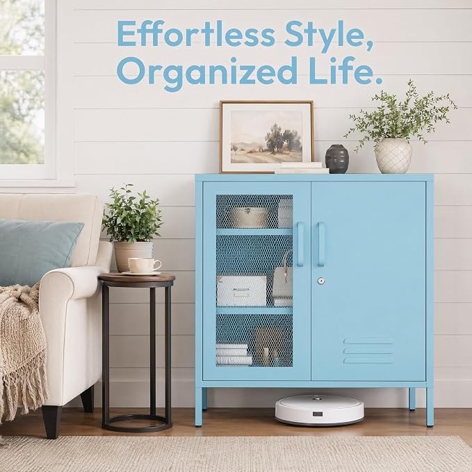 Lockable Metal Storage Cabinet Locker, Multifunctional Versatile Storage Lockers with Adjustable Shelves and Mesh Door, Durable Metal Sideboard Furniture for Restaurant Home Office Blue