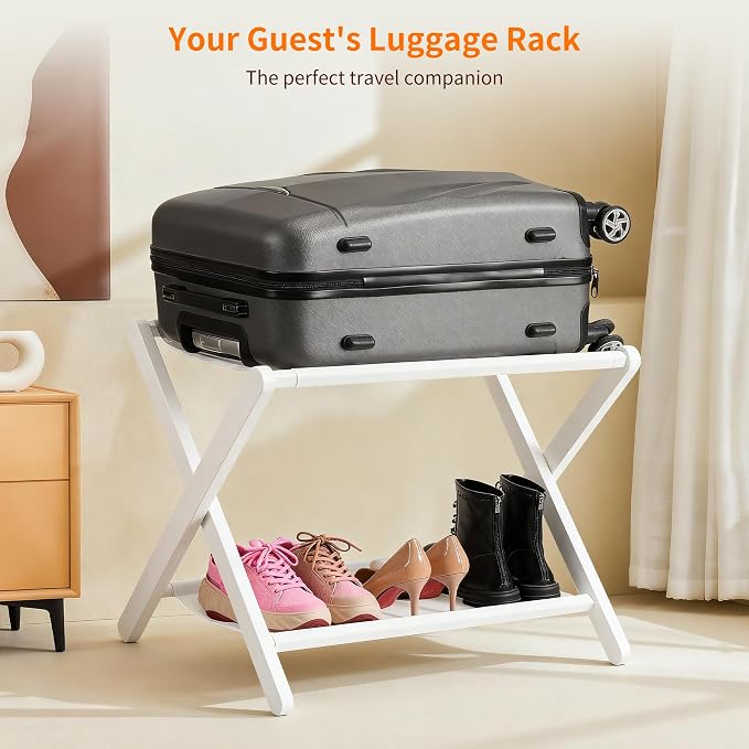 Heybly Luggage Rack, Pack of 2, Folding Suitcase Stand with Storage Shelf, Heavy-Duty Luggage Holder for Guest Room Bedroom Hotel, Holds up to 165 lb, White, HLR010W2