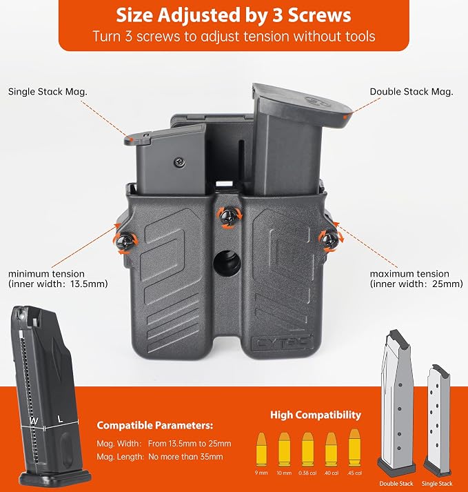 Universal Double Magazine Pouch Fit 9mm 10mm .40 .45 Caliber Dual & Single Stack Magazines, Black