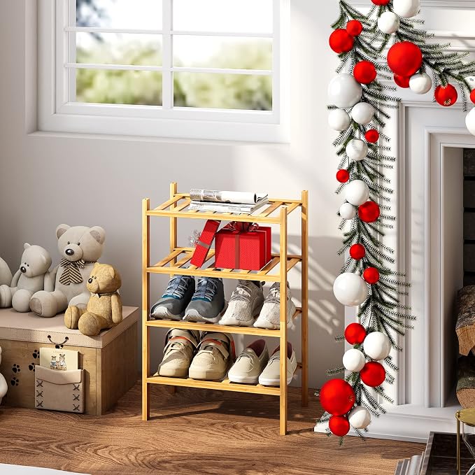 Small Shoe Rack, 4-Tier Bamboo Stackable Shoe Shelf Storage Organizer, Shoe Stand for Closet, Entryway and Hallway