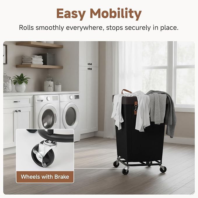 StorageWorks Laundry Basket with Wheels for Clothes, 160L Black Hamper Cart