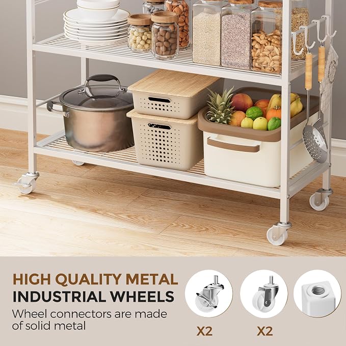 3-Tier Metal Storage Rack with Industrial Wheels,Mesh Shelving Unit with Wooden Table top,Adjustable Shelf,31.5-Inch Width, for Kitchen, Laundry,Pantry,Plant,Oak panel and white frame