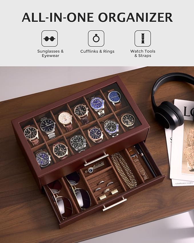 ProCase 12-Slot Watch Case for Men, 2-Tier Pull-Out Drawers Box -Espresso | Fathers Day Gift for Dad Men with Display Clear Top Lid, Jewelry Sunglasses Storage Organizer, Anniversary Birthday Gifts