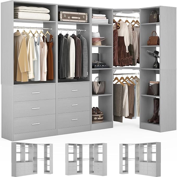 Besiost Corner Closet System with 6 Drawers, Closet Organizer System with 14 Shelves & 4 Hanging Rods, 87.2"L * 39.2"W / 63.2"L * 63.2"W Reversible L Shaped Walk-in Closets, Load 2500+LBS, Grey
