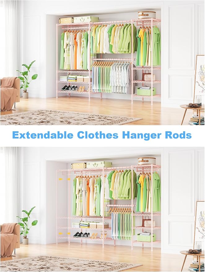 Ulif E11 Heavy-Duty Garment Rack, Metal Freestanding Clothes Rack and Closet Storage Organizer System with 8 Shelves and 4 Hanger Rods, (73.2-97.6)" W x 14.5" D x 71.2" H, Load 1034 LBS, Pink