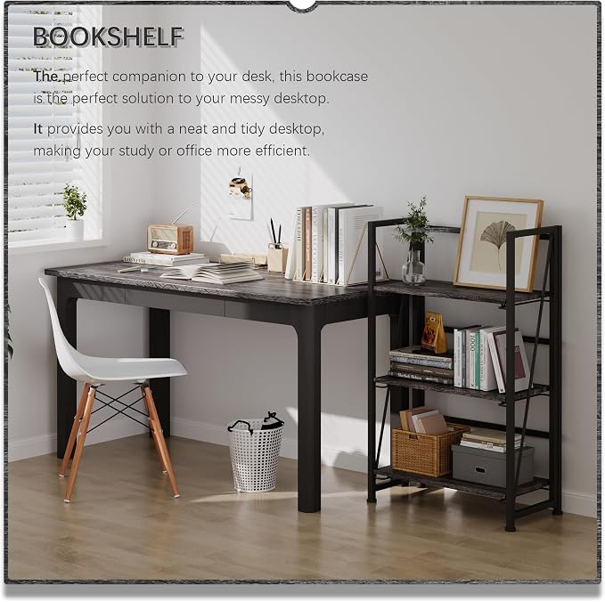4NM No Assembly Folding Bookshelf Storage Shelves 3 Tiers Vintage Bookcase Standing Racks Study Organizer Home Office (Gray Black)